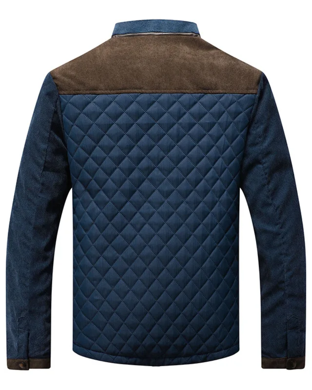 Rückansicht der blauen Steppjacke mit Rautenmuster und braunen Cord-Einsätzen
