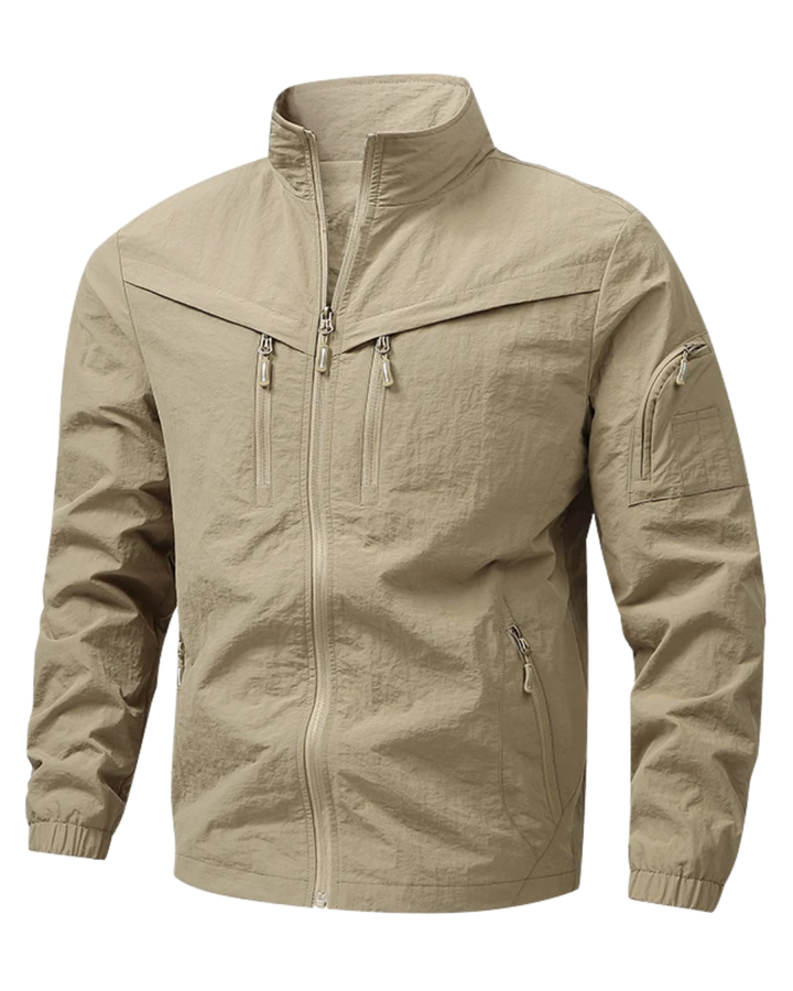 Beige Fieldjacke für Herren mit Ärmeltasche und Stehkragen, Frontansicht
