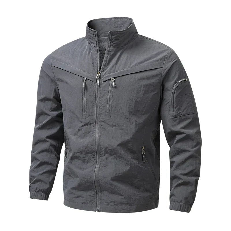 Graue Fieldjacke für Herren mit wetterfestem Stoff und Stehkragen