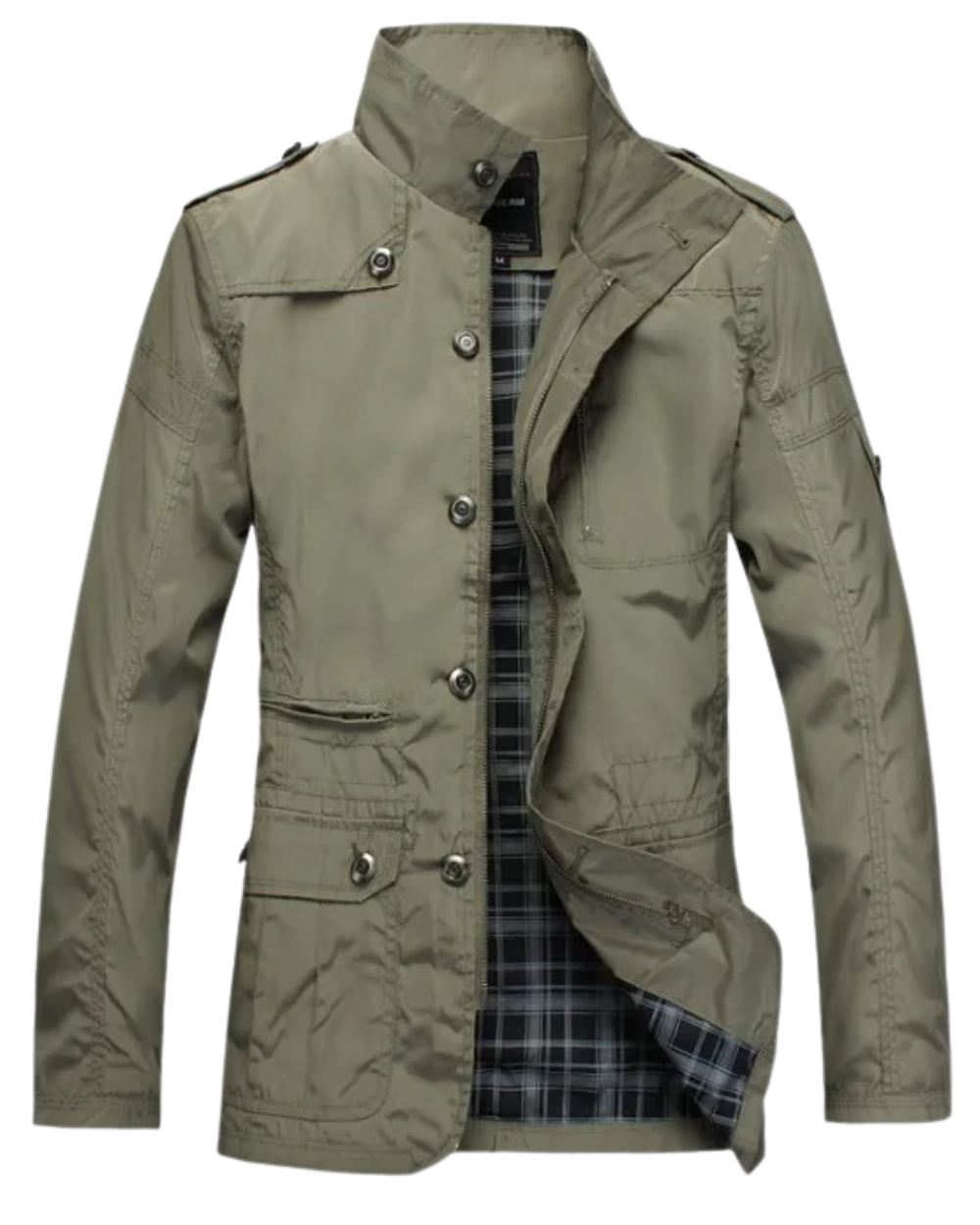 Khakifarbene Herrenjacke mit Stehkragen und kariertem Innenfutter