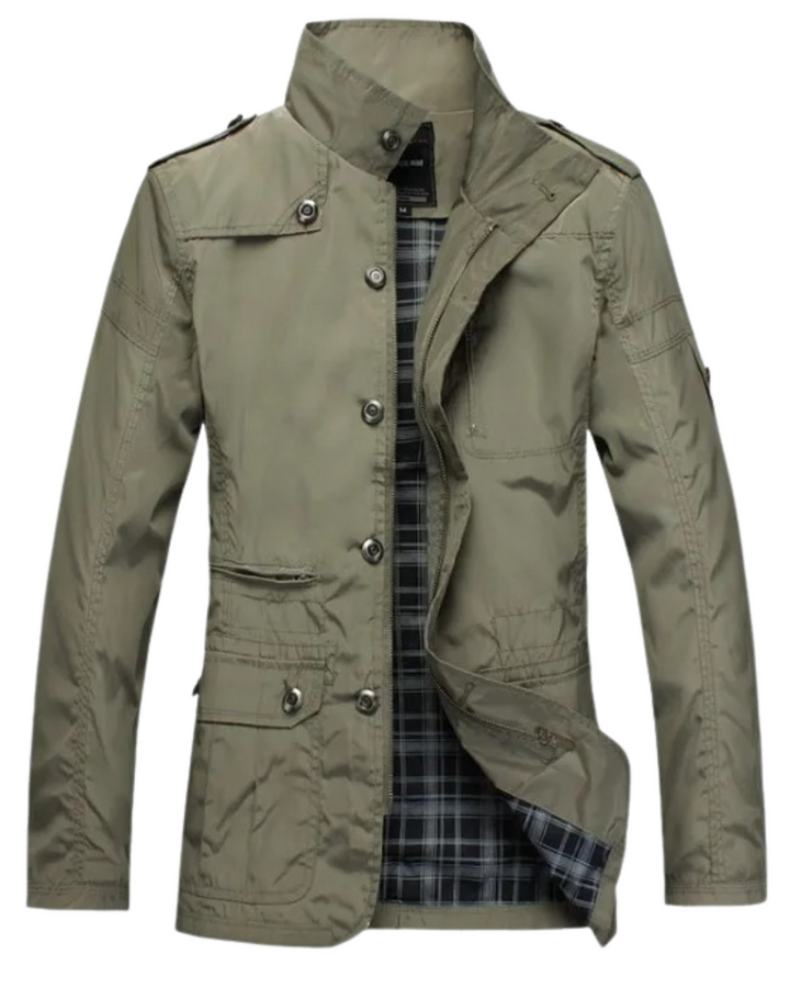 Khakifarbene Herrenjacke mit Stehkragen und kariertem Innenfutter