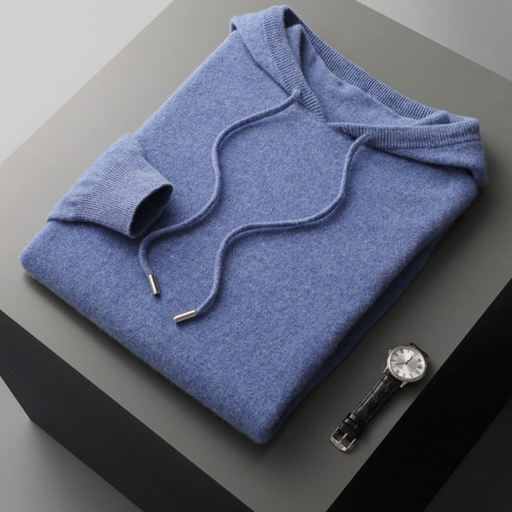 Gefalteter Kapuzenpullover in Jeansblau mit Strickbund und Kordelzug