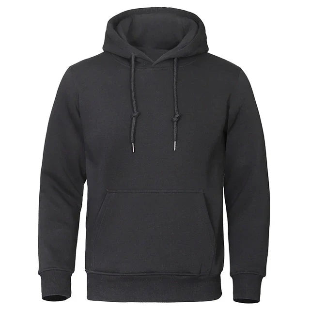 Schwarzes Kapuzensweatshirt mit Kordelzug und Känguru-Tasche, Vorderansicht