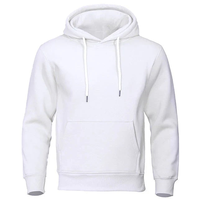 Weißes Kapuzensweatshirt mit Kordelzug und Kängurutasche, Vorderansicht