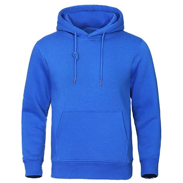 Kräftig blauer Hoodie mit Kapuze und Kängurutasche, Vorderansicht