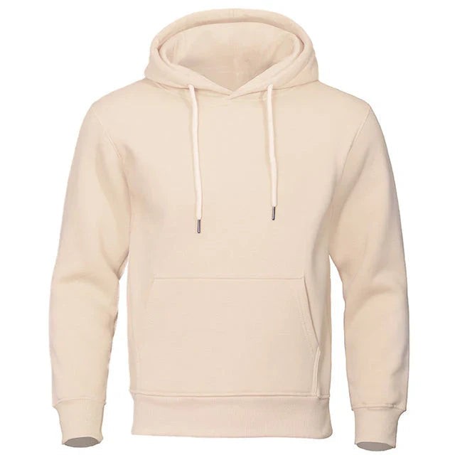 Beiges Kapuzensweatshirt mit weißem Kordelzug, Frontansicht