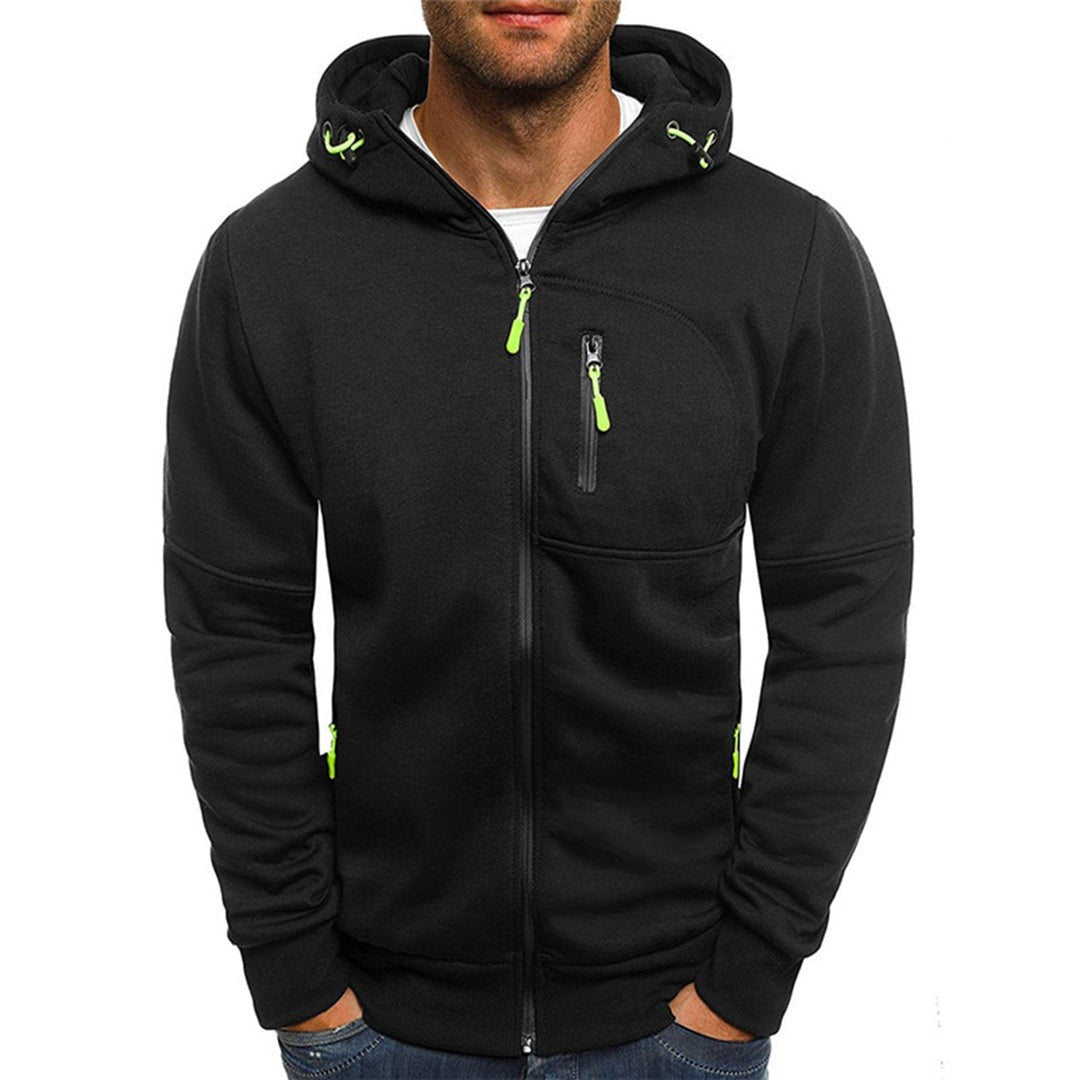 Schwarzer Herren-Hoodie mit Reißverschluss und grünen Zipper-Details, Vorderansicht