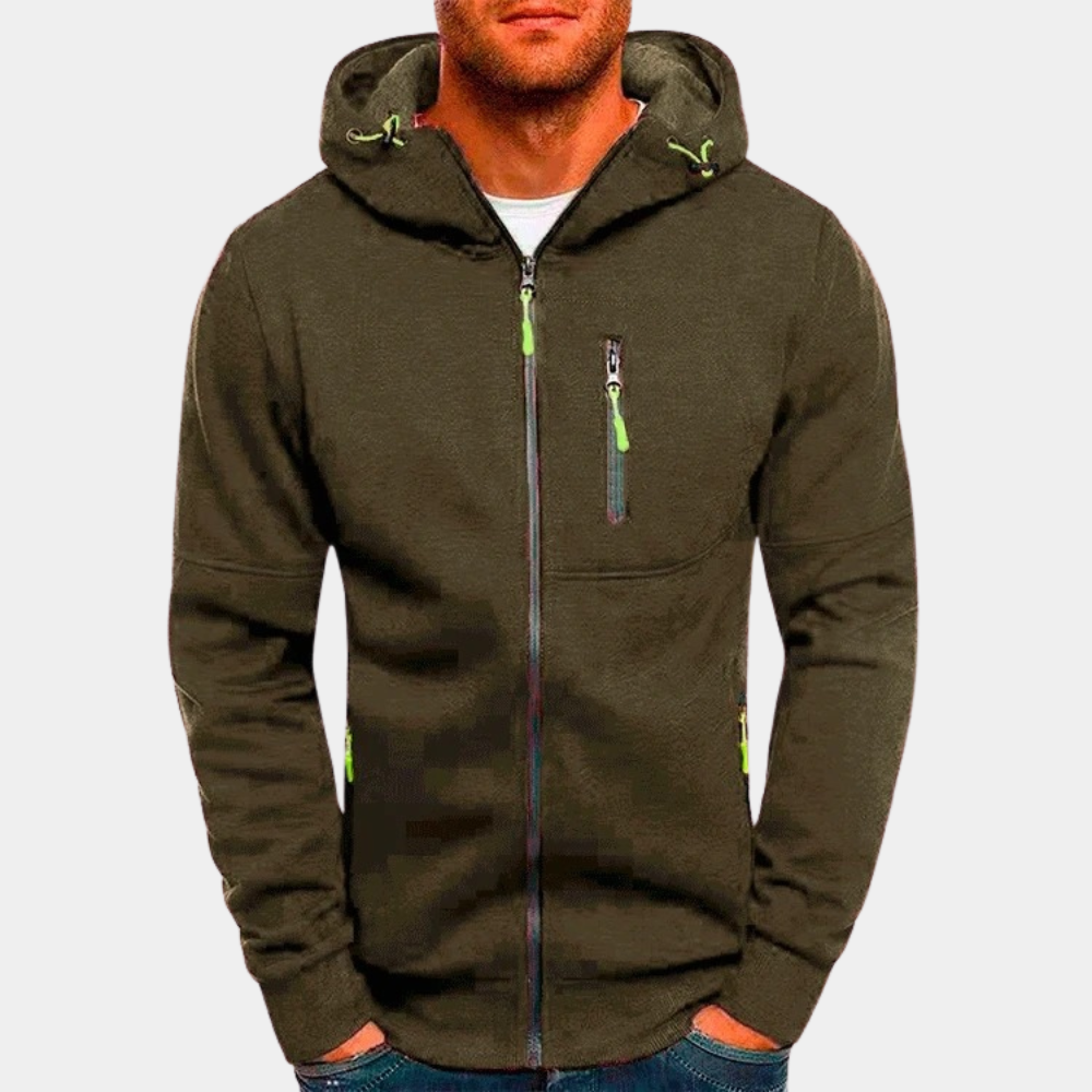 Khakifarbener Herren-Hoodie mit Reißverschluss und grünen Zipper-Akzenten