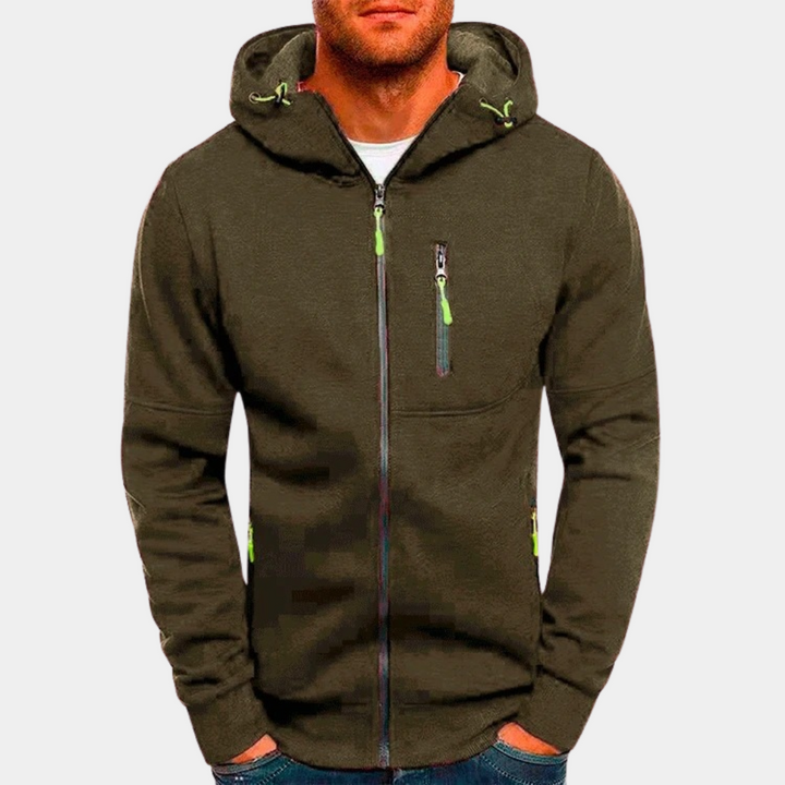 Khakifarbener Herren-Hoodie mit Reißverschluss und grünen Zipper-Akzenten