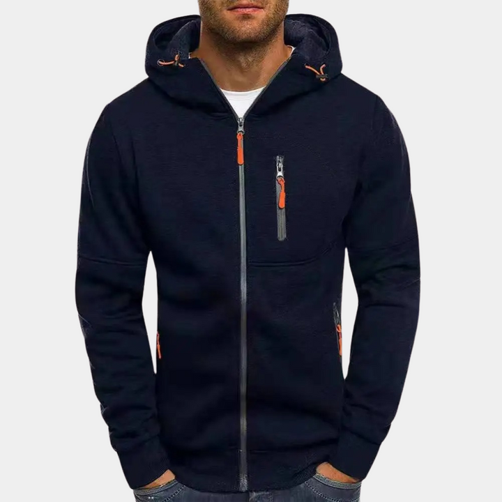 Dunkelblauer Kapuzenpullover mit Reißverschluss und orangen Details