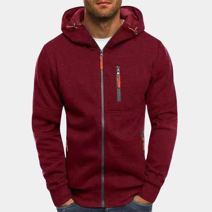 Weinroter Zip-Hoodie mit Kapuze und orangefarbenen Reißverschlüssen