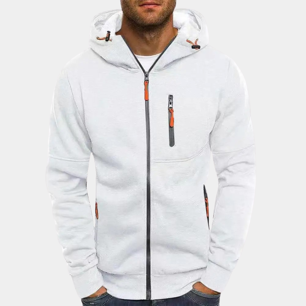 Weißer Herren-Hoodie mit Reißverschluss und orangen Zipper-Akzenten