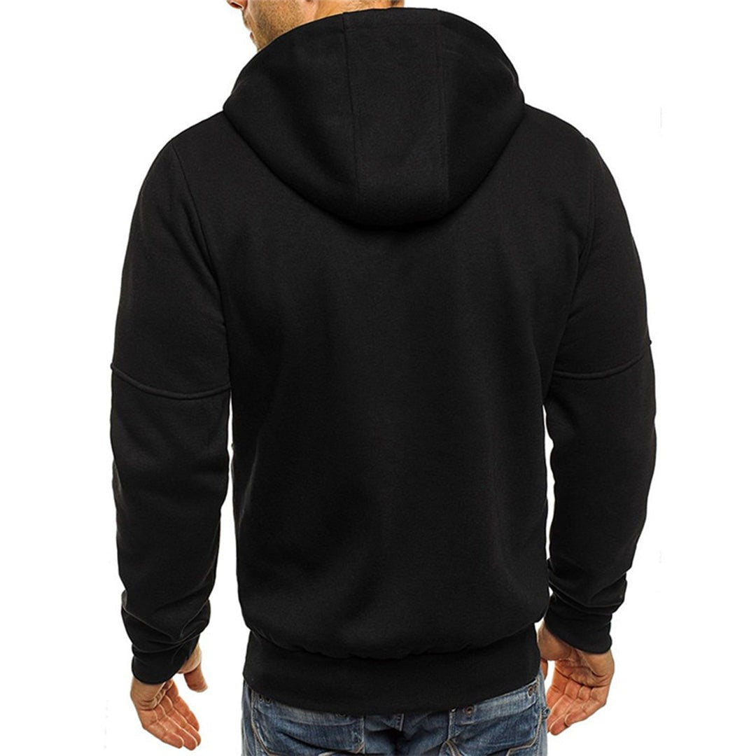 Schwarzer Kapuzenpullover mit Reißverschluss, Rückenansicht am Modell