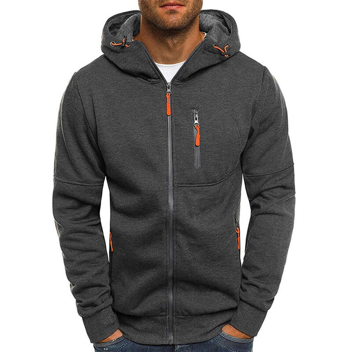 Dunkelgrauer Zip-Hoodie mit orangefarbenen Reißverschlüssen, Vorderansicht