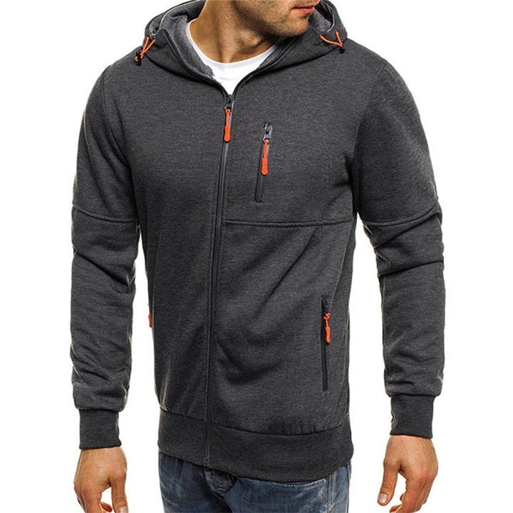 Dunkelgrauer Herren-Hoodie mit Kapuze und Zipper-Taschen, seitliche Ansicht