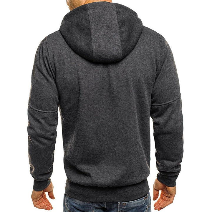 Dunkelgrauer Zip-Hoodie mit Kapuze, Rückenansicht am Modell