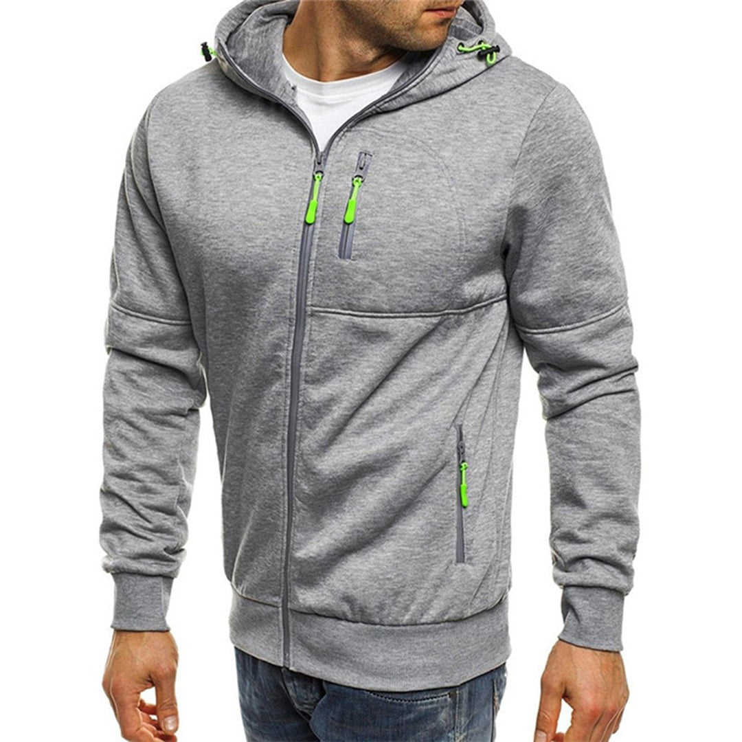 Hellgrauer Herren-Hoodie mit grünen Reißverschlüssen, Vorderansicht