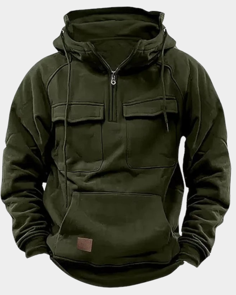 Olivgrüner Herren-Hoodie mit Half-Zip und aufgesetzten Brusttaschen
