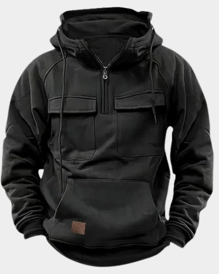 Schwarzer Kapuzenpullover mit Reißverschlusskragen und Cargo-Taschen