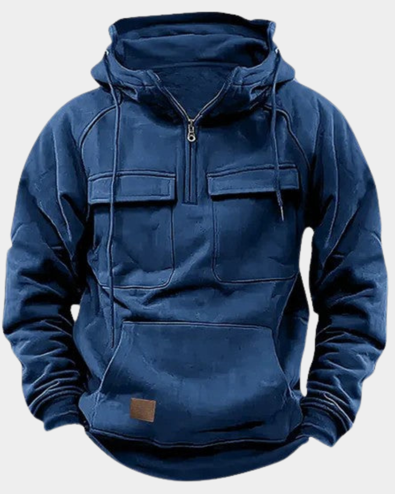 Marineblauer Hoodie mit hohem Stehkragen und Zip-Ausschnitt
