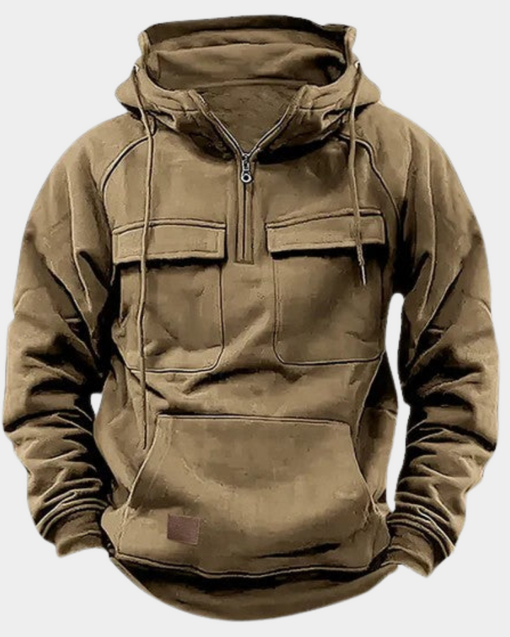 Sandfarbener Cargo-Hoodie mit Kängurutasche und Kordelzug