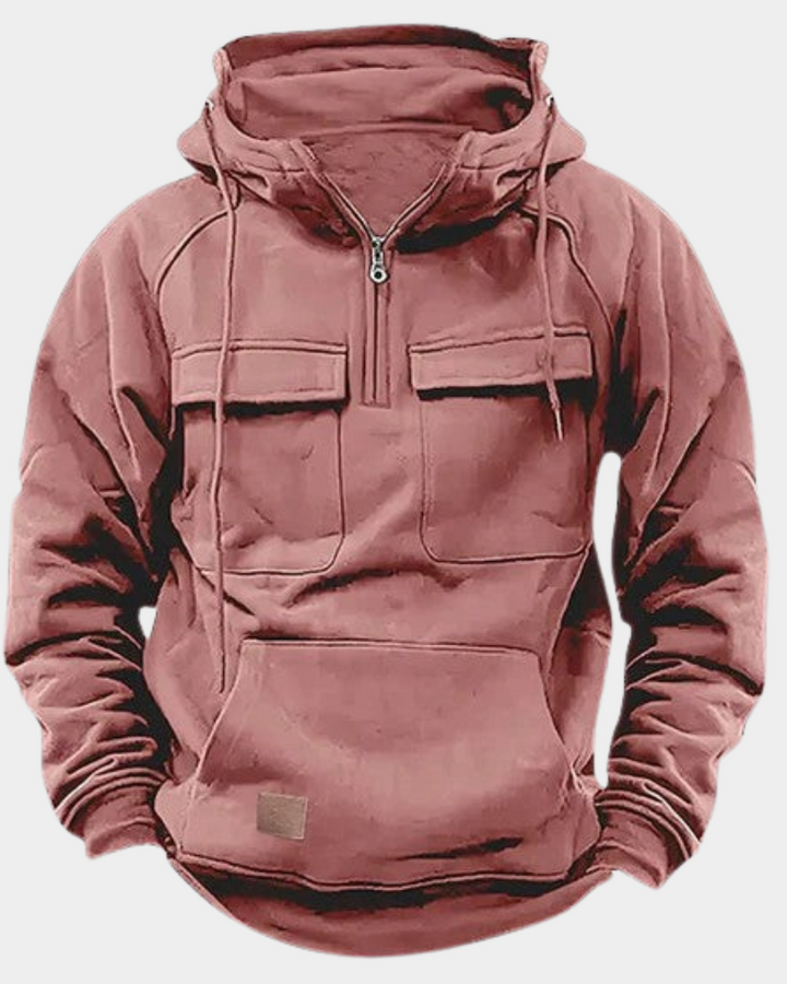 Altrosa Kapuzenpullover mit aufgesetzten Taschen und Half-Zip
