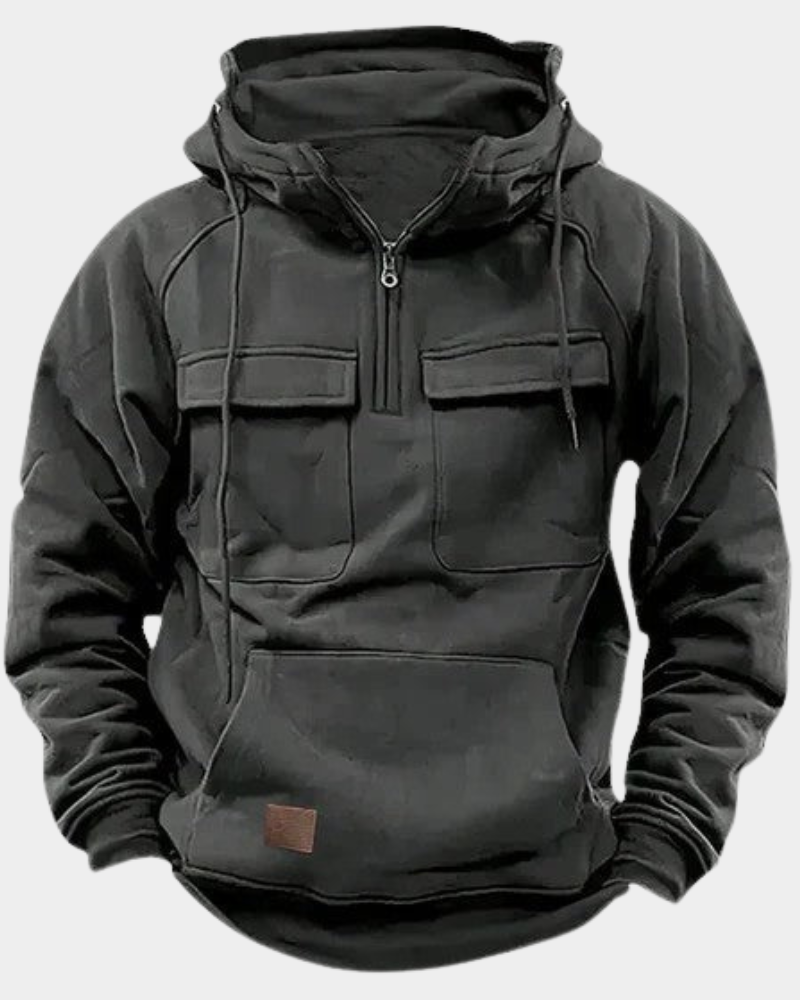 Schwarzer Herren-Hoodie mit Schalkragen und Lederpatch am Saum