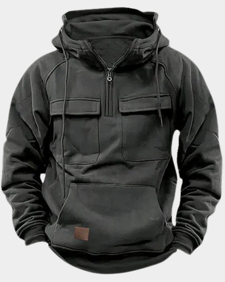 Schwarzer Herren-Hoodie mit Schalkragen und Lederpatch am Saum