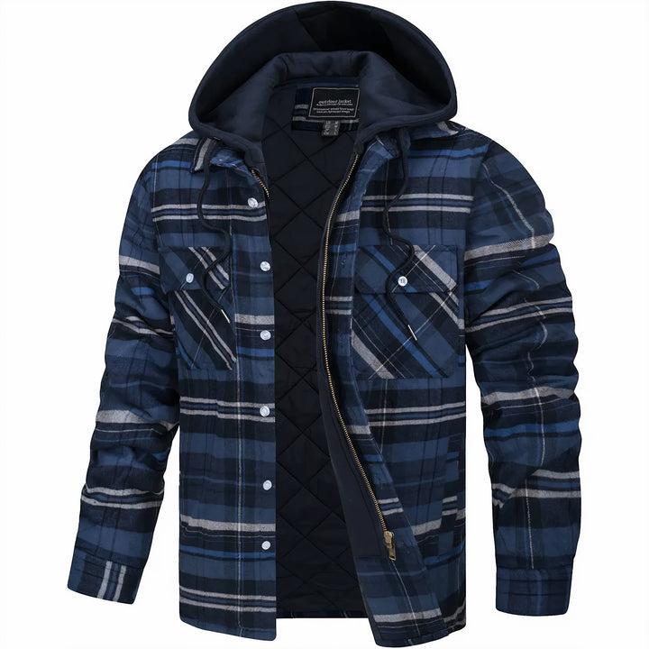 Karierte Herrenjacke in Blau mit abnehmbarer Kapuze und gesteppter Innenfütterung