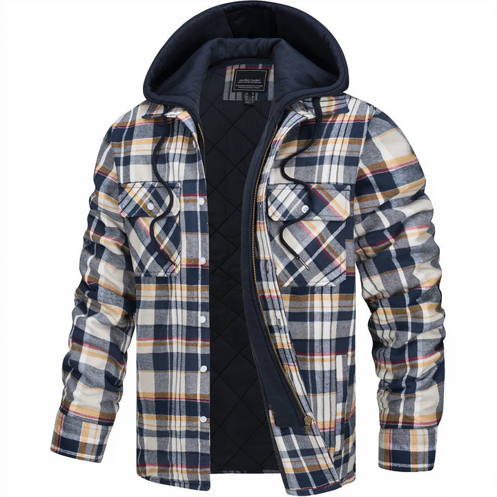 Karohemdjacke in Beige und Navy mit Kapuze und Reißverschluss