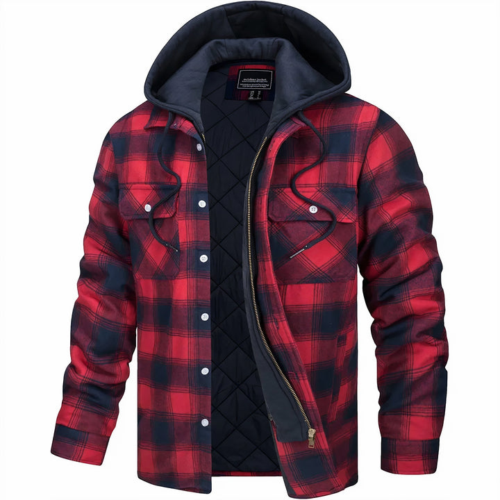 Rot-schwarz karierte Flanelljacke mit Kapuze und Brusttaschen