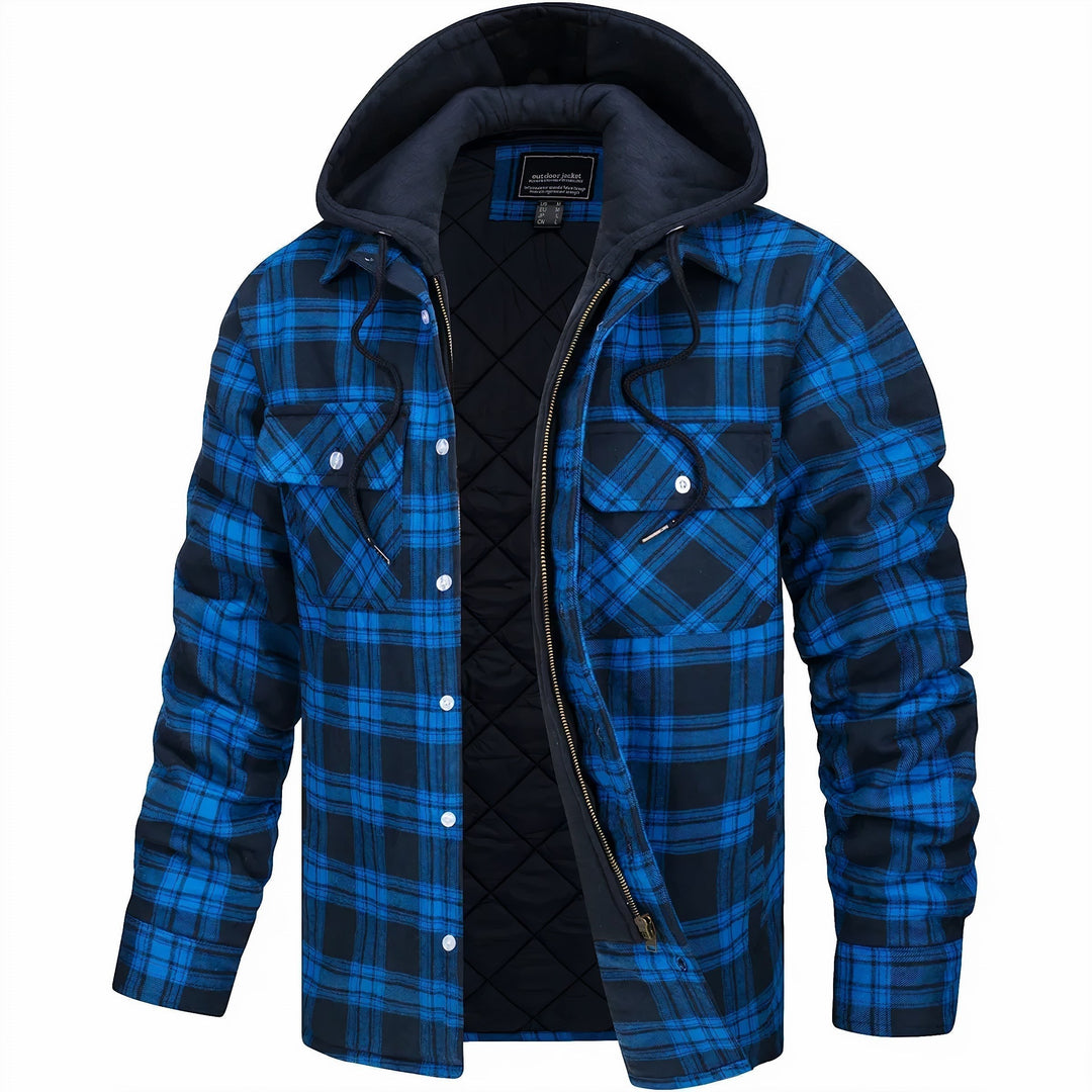 Blaue Karojacke mit Kapuze, gefüttert, im Holzfäller-Stil