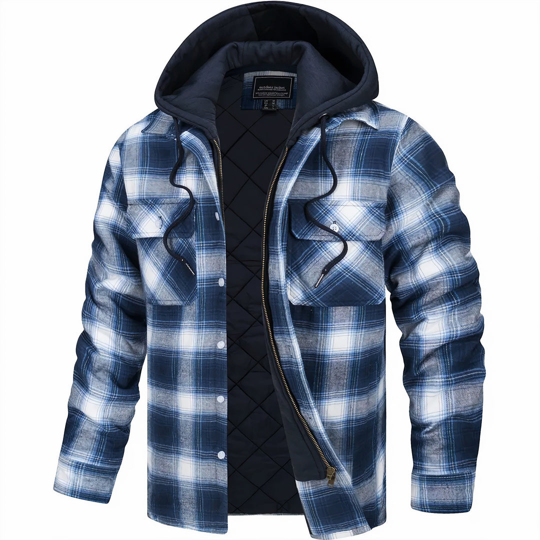 Blau-weiß karierte Herrenjacke mit Kapuze und goldenem Reißverschluss