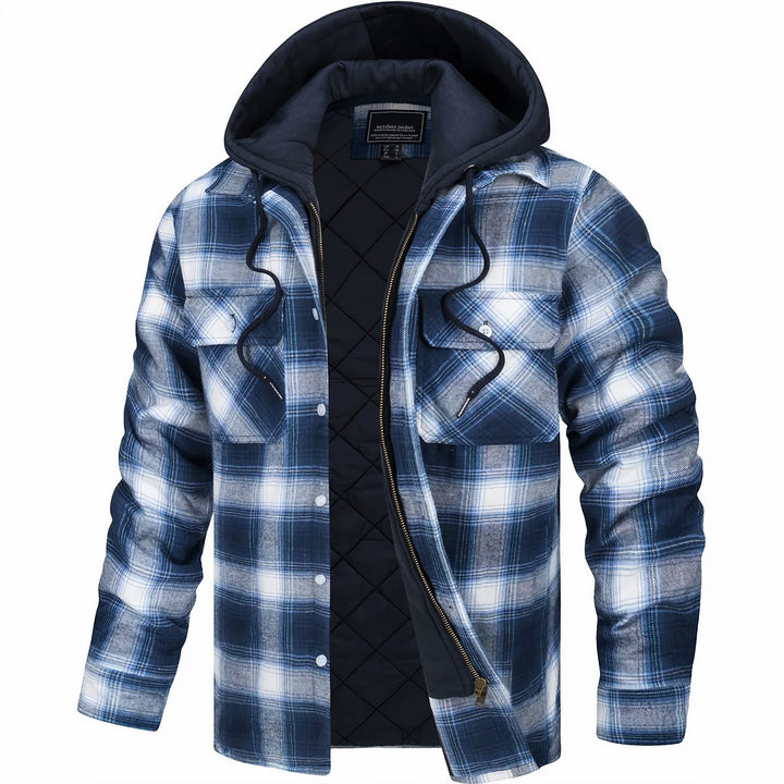 Blau-weiß karierte Herrenjacke mit Kapuze und goldenem Reißverschluss
