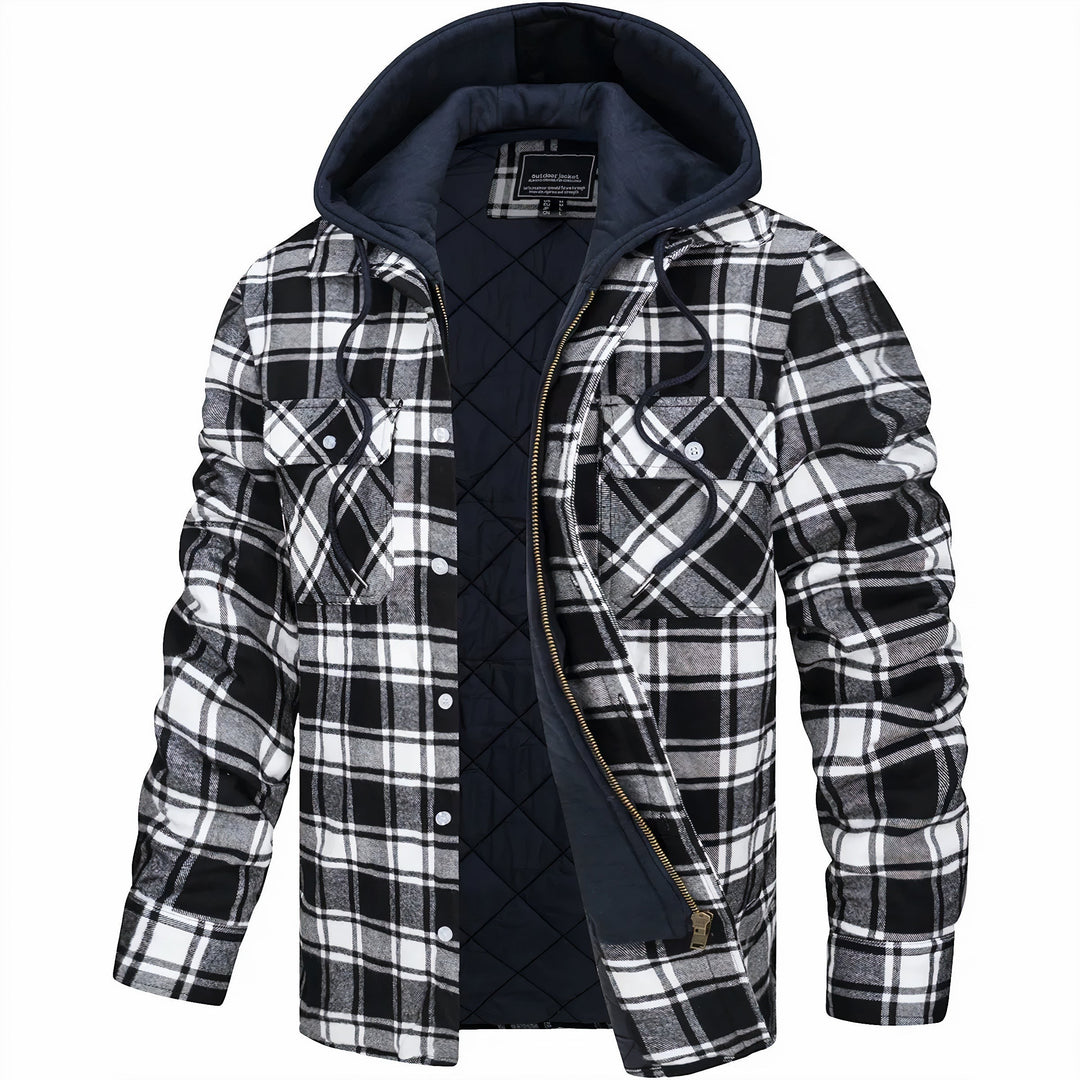 Schwarz-weiß karierte Steppjacke mit Kapuze und Knopftaschen