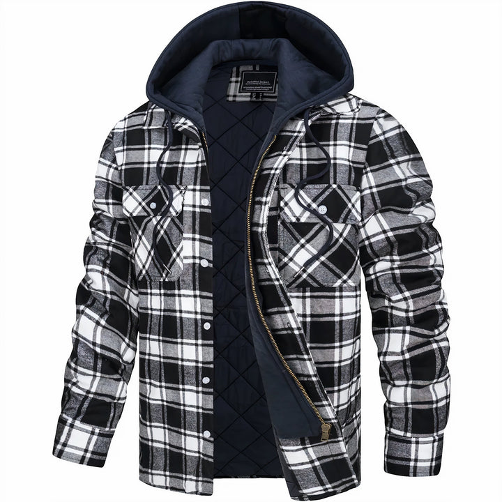 Schwarz-weiß karierte Steppjacke mit Kapuze und Knopftaschen