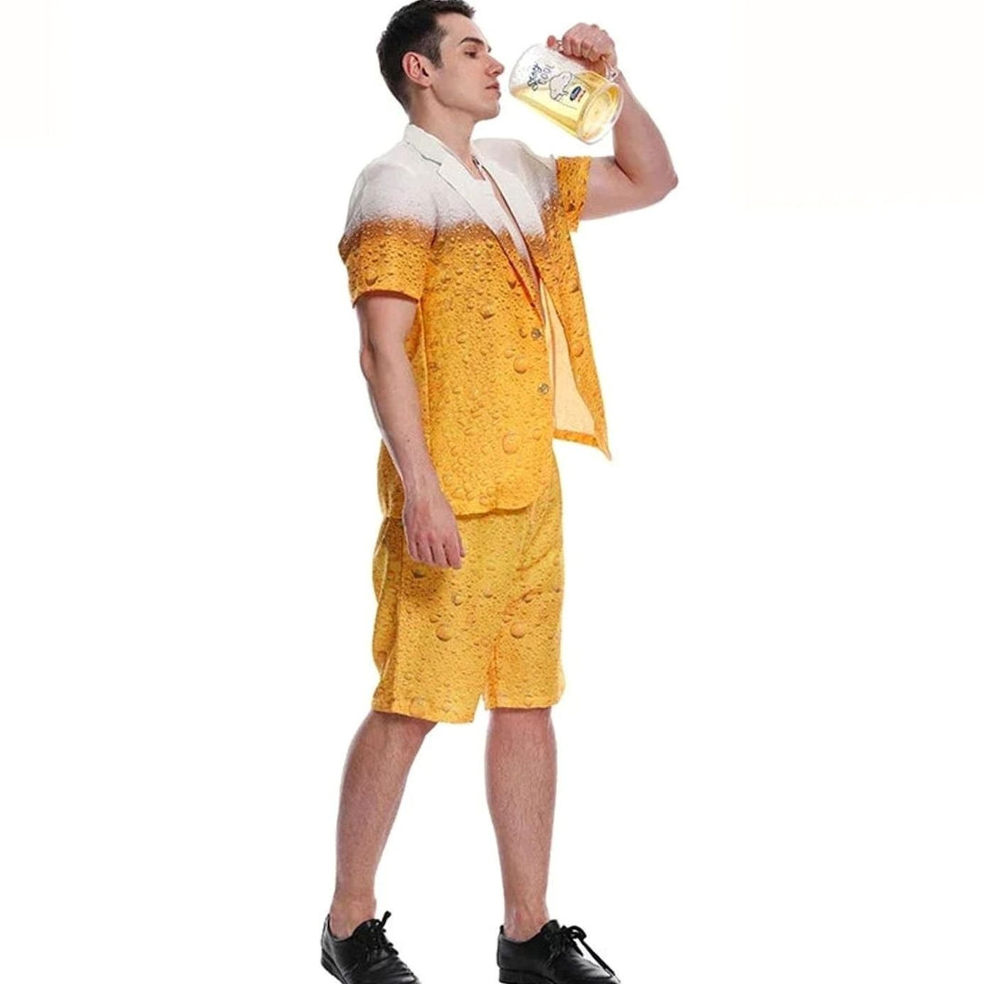 Herren Bierkostüm Kurzarm Set mit Schaum-Print, kombiniert mit Krawatte beim Biertrinken