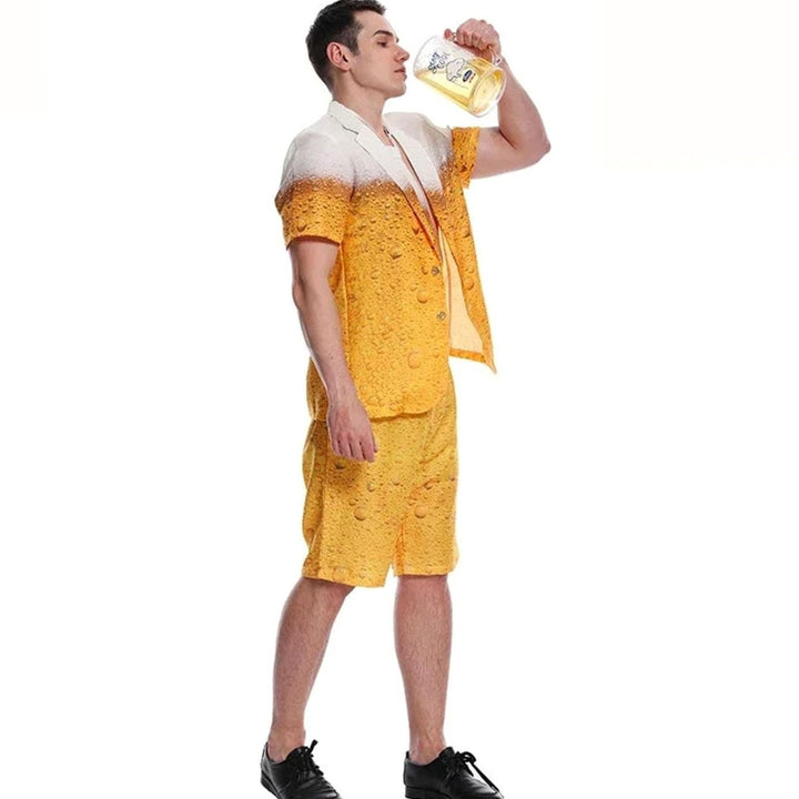Herren Bierkostüm Kurzarm Set mit Schaum-Print, kombiniert mit Krawatte beim Biertrinken