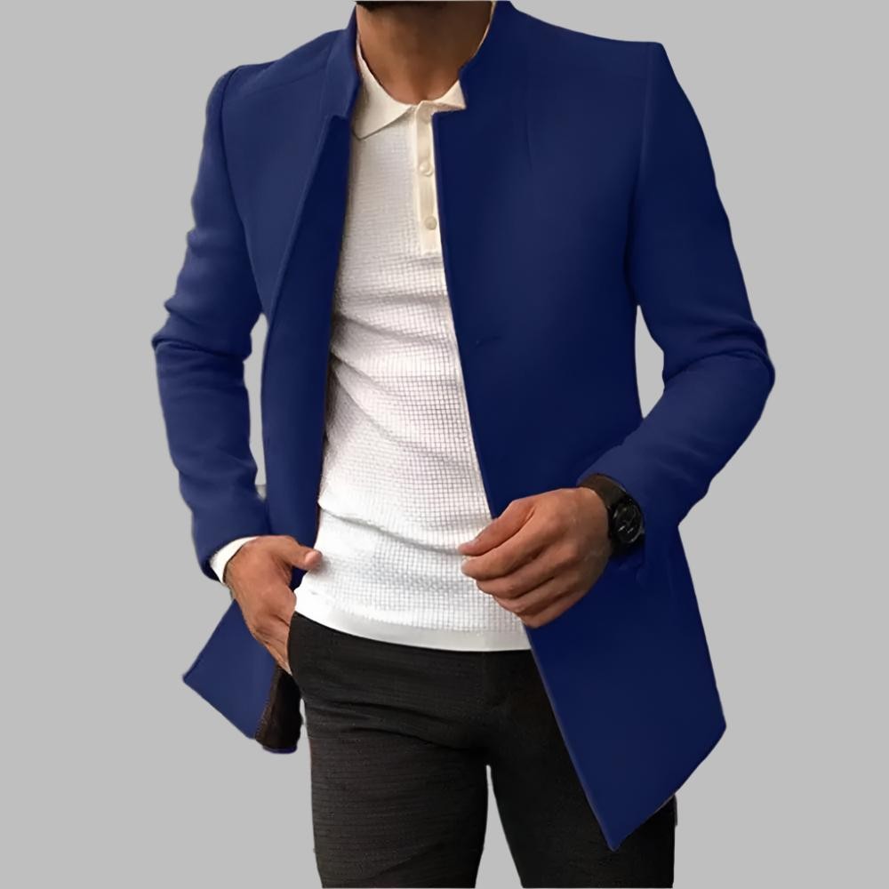 Eleganter Herrenmantel in Blau mit Stehkragen und schlanker Silhouette