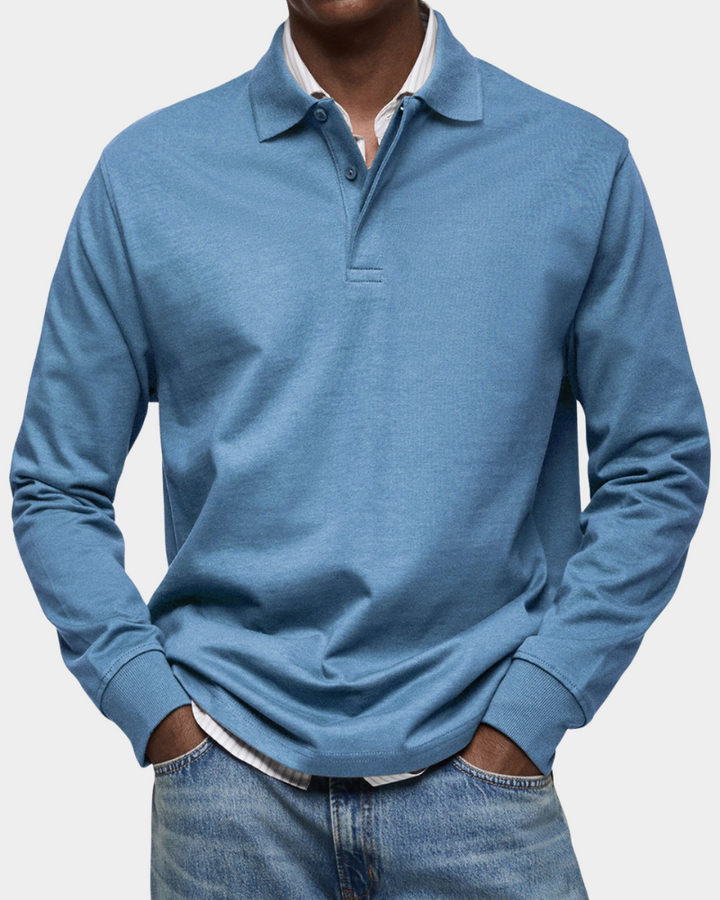 Langarm-Poloshirt in Blau mit Knopfleiste und Hemdkragen darunter