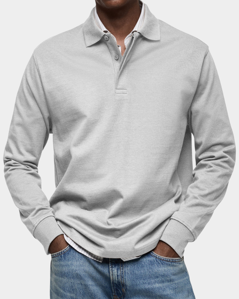Langarm-Poloshirt in Hellgrau meliert mit klassischer Knopfleiste