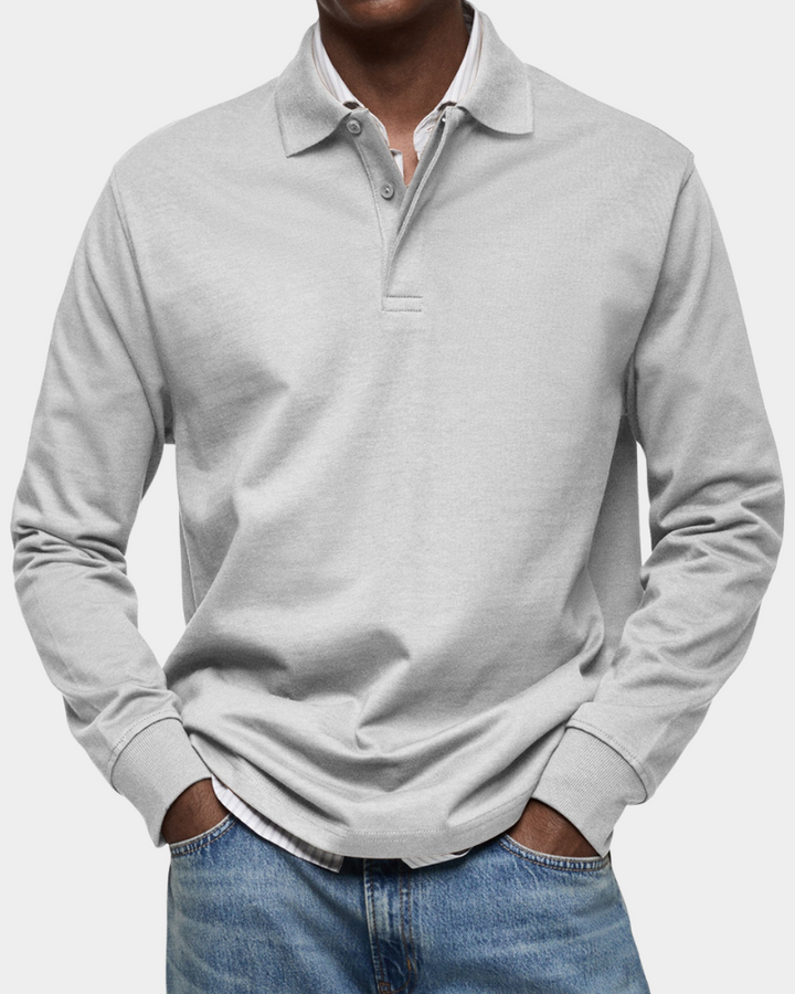 Langarm-Poloshirt in Hellgrau meliert mit klassischer Knopfleiste