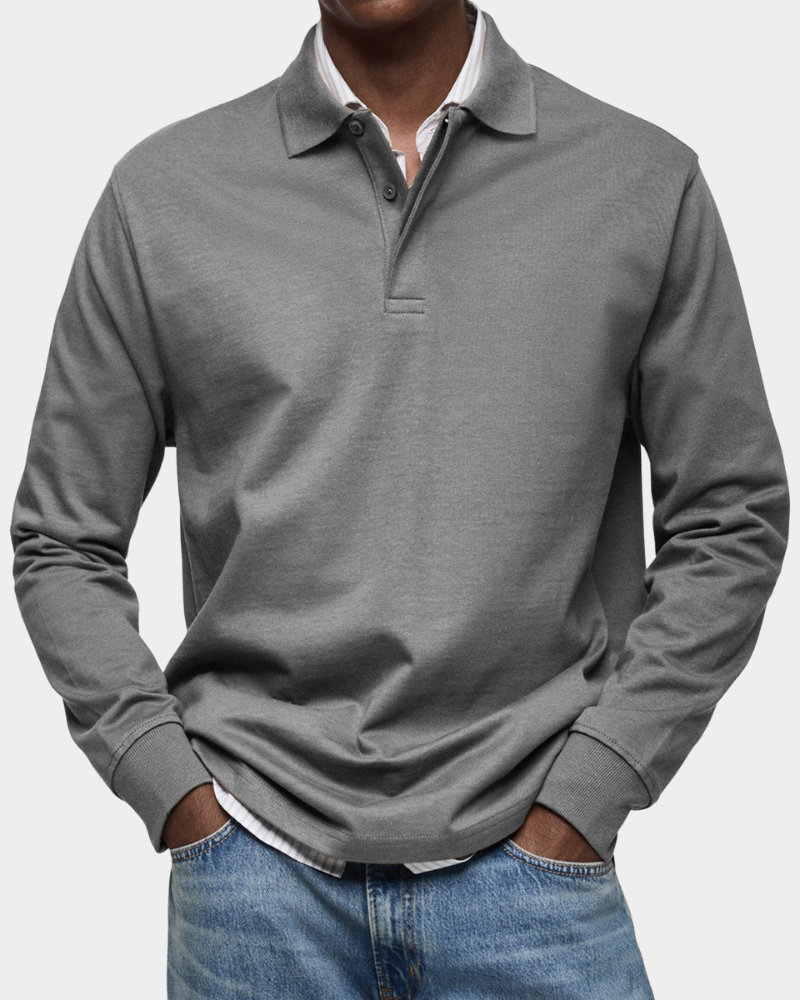 Langarm-Poloshirt in Grau meliert mit Polokragen zu Jeans kombiniert