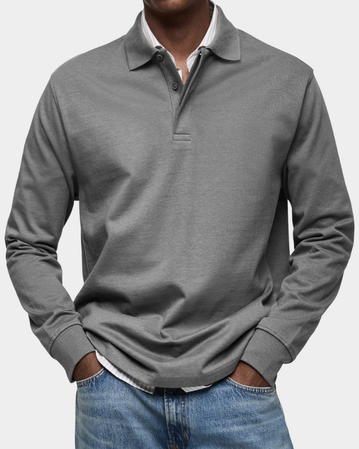 Langarm-Poloshirt in Grau meliert mit Polokragen zu Jeans kombiniert
