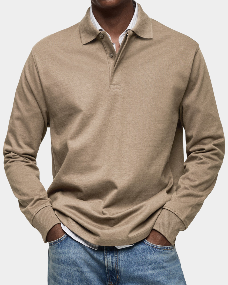 Langarm-Poloshirt in Beige mit gestreiftem Hemdkragen darunter