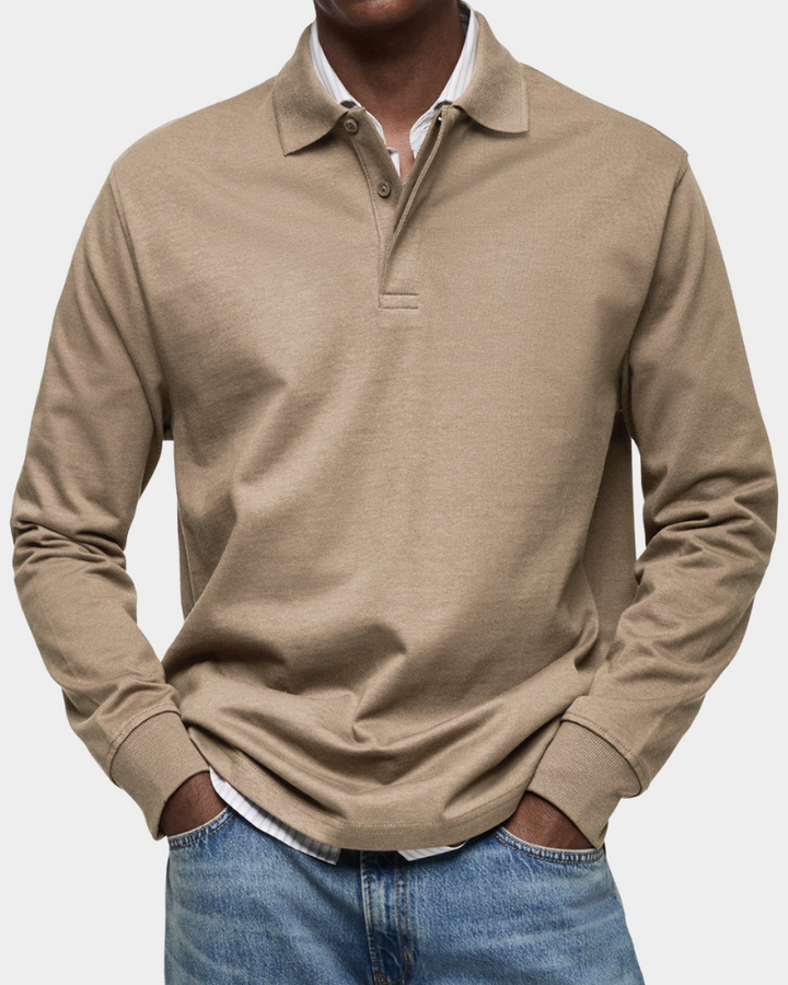 Langarm-Poloshirt in Beige mit gestreiftem Hemdkragen darunter