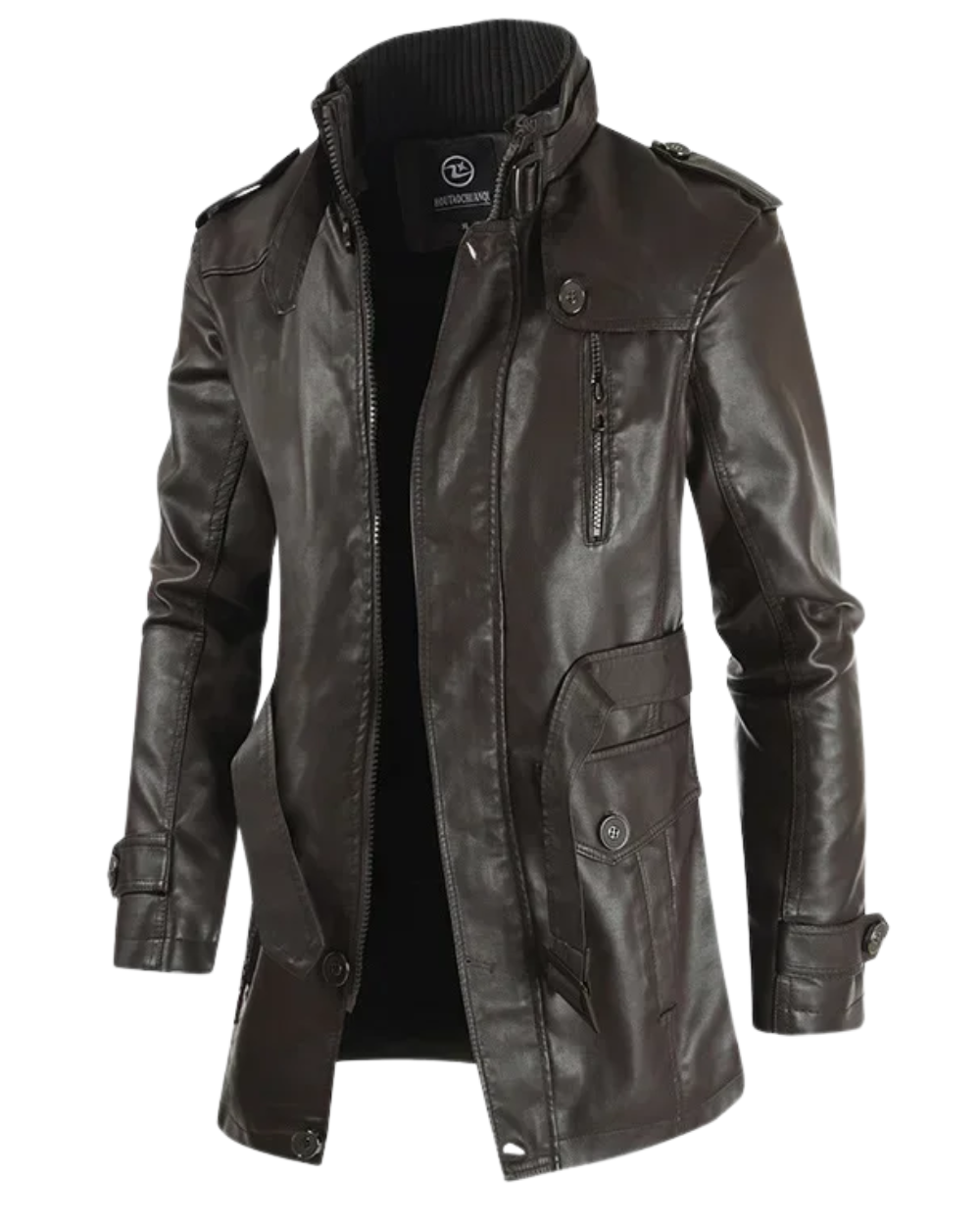 Braune Lederjacke mit Stehkragen und Strickbund für Herren