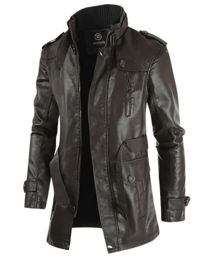 Braune Lederjacke mit Stehkragen und Strickbund für Herren