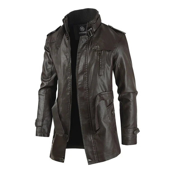 Dunkelbraune Bikerjacke aus Kunstleder mit Reißverschluss und Taschen