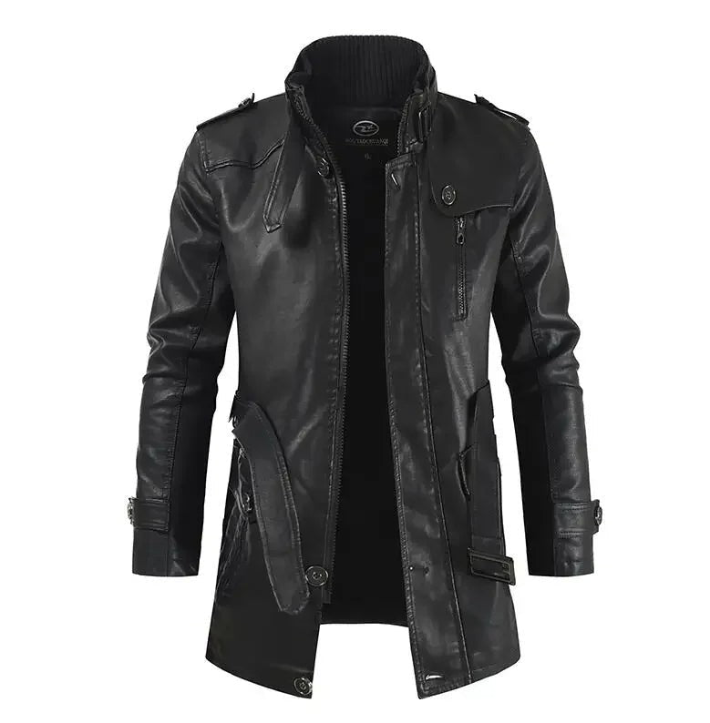 Schwarze Lederjacke mit Stehkragen und Schulterriegeln vorne